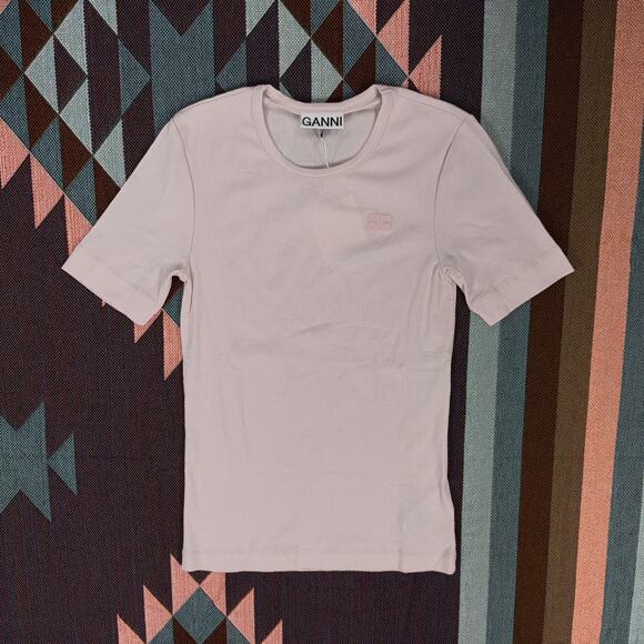 NWT Ganni T4015 SOFT COTTON RIB SS T-SHIRT, Chalk Pink, sz MEDIUM - Picture 7 of 7